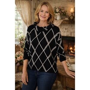 Chico's Size 2 Large Black White Diamond Knit Sweater Cozy Cottagecore